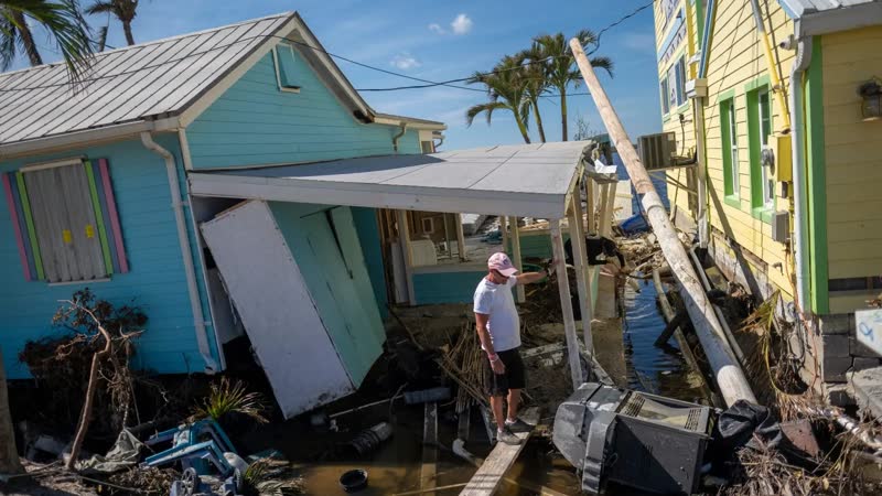 Hurricane Ian destruction in Florida - collapsed home and storm surge flooding
