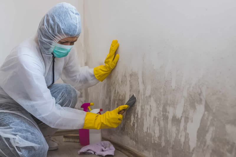 Mold remediation technician treating black mold on wall
