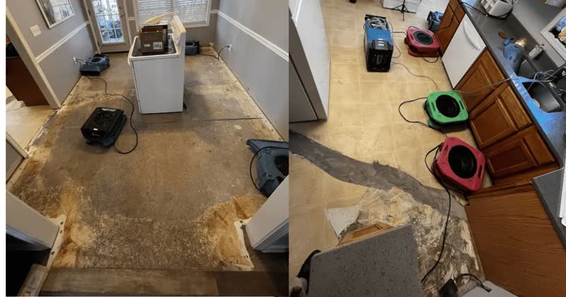 Water damage from appliance failure with drying equipment on damaged subfloor